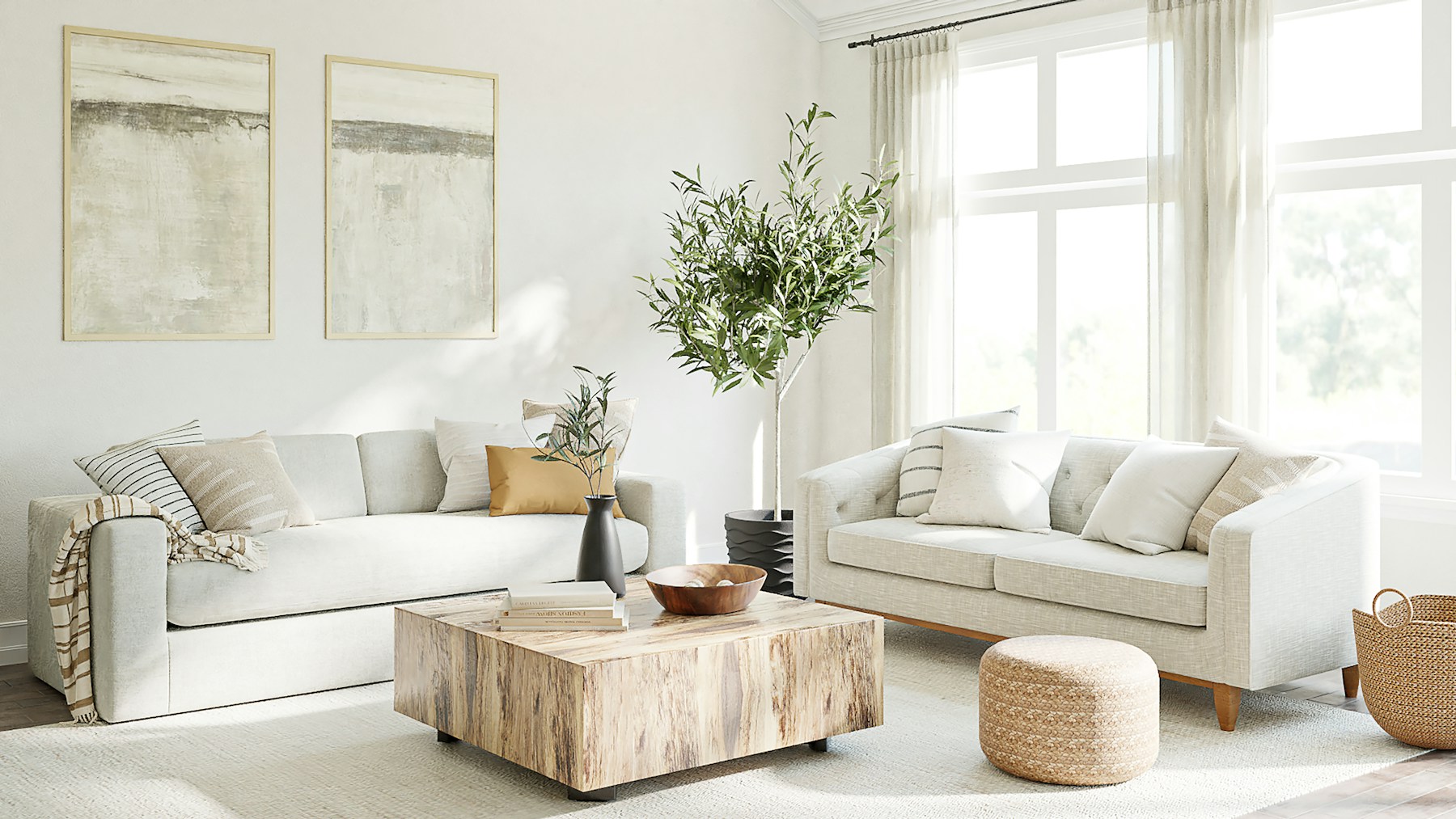 A bright, peaceful living room with neutral furnishings